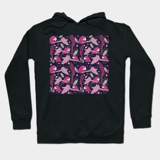 Ara Parrot Tropical Leaves Pink on Dark Blue Hoodie